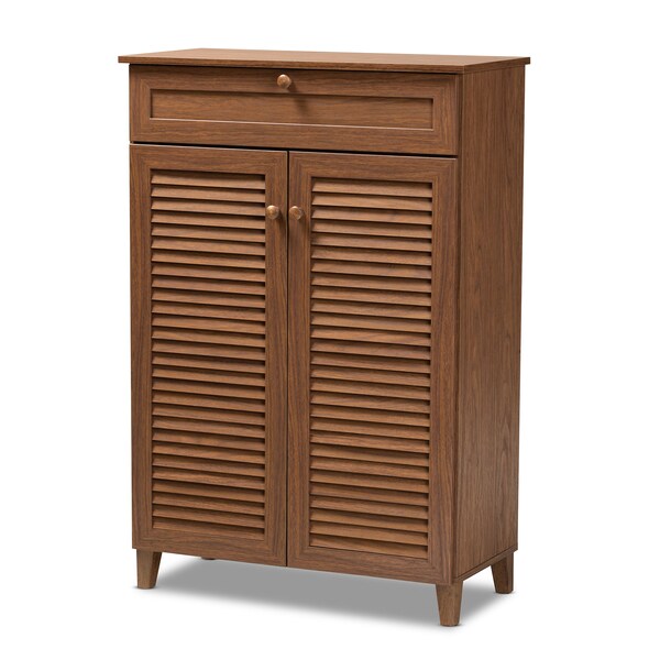 Baxton Studio Coolidge Walnut Finished 5-Shelf Wood Shoe Storage Cabinet with Drawer 156-9389 - main